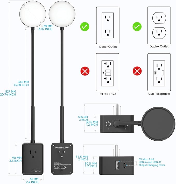 Plug in LED Wall Mounted Reading Lights, 2 Pack Black Dimmable LED Wall Lamps with Plug, Power Outlet Extender, USB Ports for Reading Working in Kitchen Bedroom, 3 Color Temperatures