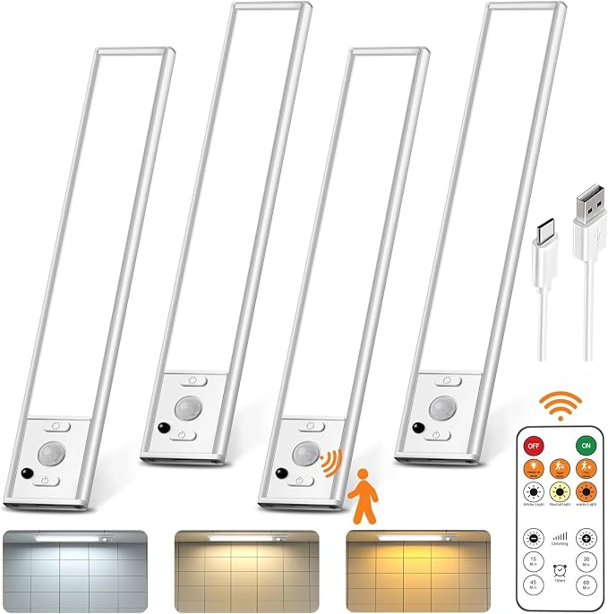 9inch Under Cabinet Lighting with Remote, Rechargeable LED Motion Sensor Light Indoor, Closet Lights Wireless, 3 Color Temps & Dimmable, Magnetic Under Counter Lights for Kitchen, Stairs, 4 Pack