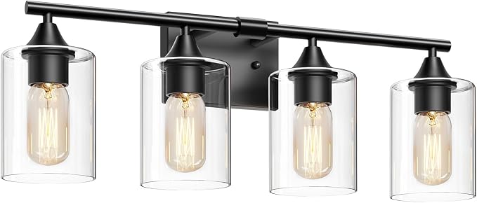 4-Light Bathroom Light Fixtures,Black Bathroom Vanity Light,Bathroom Lights Over Mirror with Clear Glass Shade,Modern Sconce Wall Lighting for Mirror Bedroom Vanity Hallway