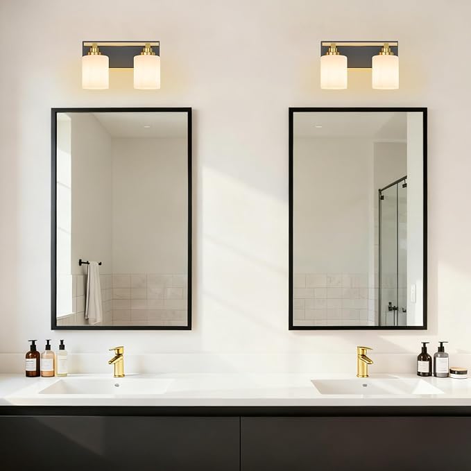 Black and Gold Bathroom Light Fixture, Modern 2 Light Vanity Lights for Bathroom Lighting Fixtures Over Mirror, White Glass Lampshade, Master & Guest bathrooms Bathroom Remodel, 14-inch