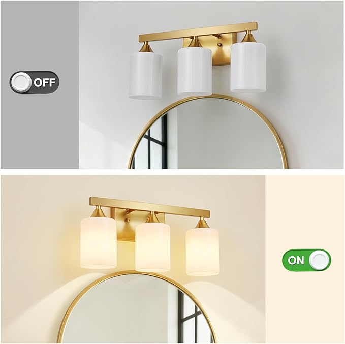 ZHU YAN Bathroom Vanity Lights Over Mirror,Gold Bathroom Light Fixtures 3 Lights,Modern Wall Sconces Milky White Glass Shades for Mirror Living Room Bedroom Standard E26 Base