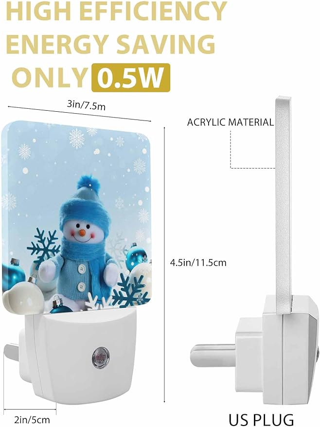 Snowman Night Lights Plug into Wall LED Night Light Christmas Cute Doll Snowflake Automatic Dimmable Dusk-to-Dawn Square Shaped Smart Nightlight for Bathroom/Bedroom