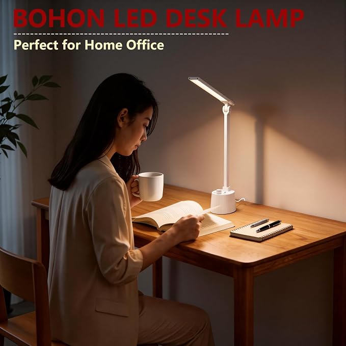 BOHON Small Desk Lamp with USB C Charging Port 5 Colors Stepless Dim White | Reading Light Space-Saving Rotating Head Desk Lamp for Home Office College Dorm Room Bedside Table Bedroom