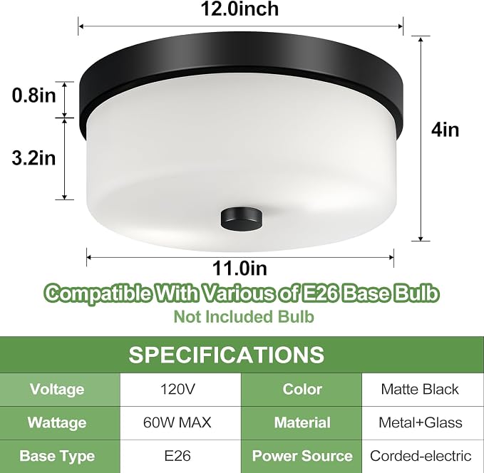 szzgco Black Flush Mount Ceiling Light Fixtures, 2-Light Ceiling Mount with Milky White Glass Lampshade, Industrial Flush Mount Light Fixture Farmhouse for Hallway, Kitchen, Entryway and Foyer