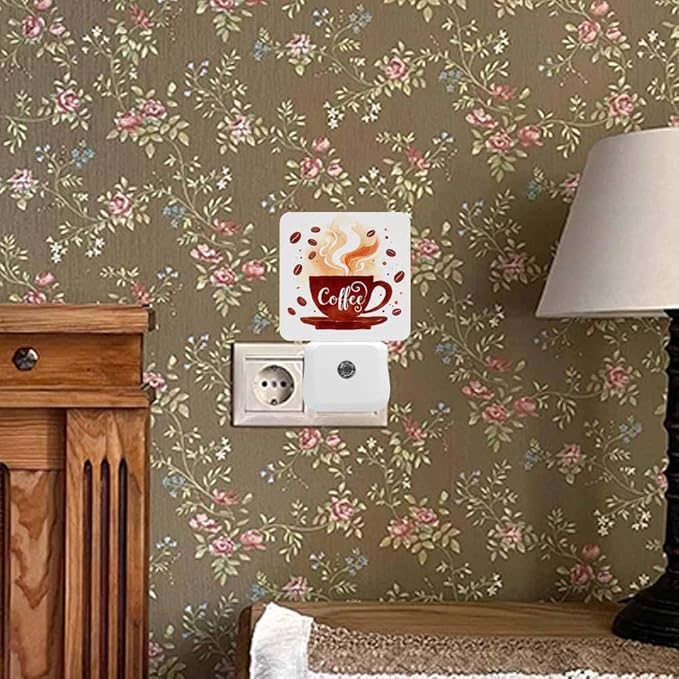 Coffee Night Light Watercolor Coffee Cup with Smoke LED Night Lights Plug into Wall for Stairway Hallway Bedroom 0.5W Nightlight