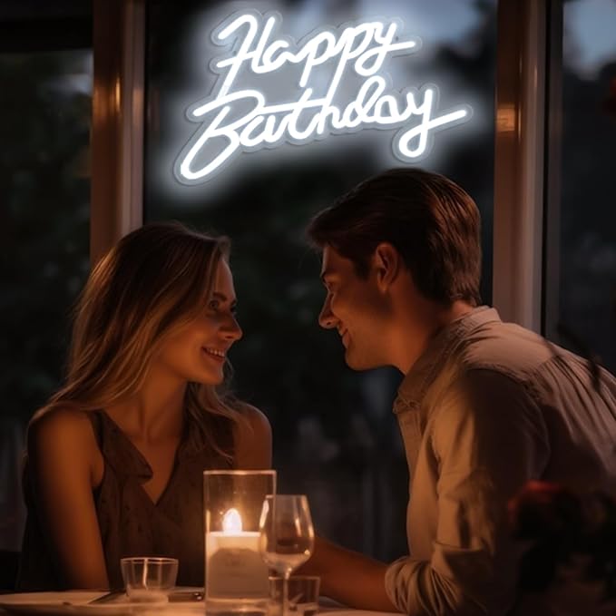 Happy Birthday Neon Sign for Wall Party Decor, LED Happy Birthday Light up Sign for Backdrop, 16"x 11" USB Powered 10 Brightness Settings Light up Signs Party Decorations Backdrop, Cool White