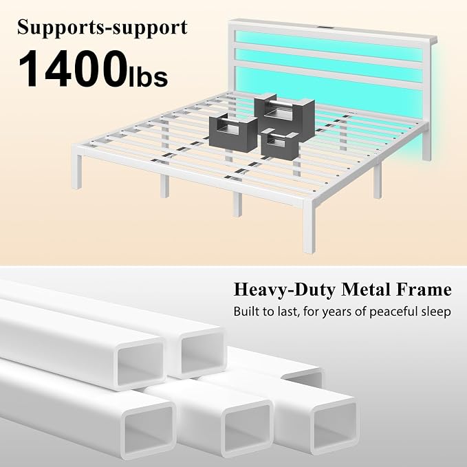 LOEWAY King Size Metal Bed Frame with Storage Headboard & LED Lights, White | Built-In Charging Station, Under-Bed Storage, Heavy Duty Metal Slats, No Box Spring Needed, Solid and Stable, Easy Assembly