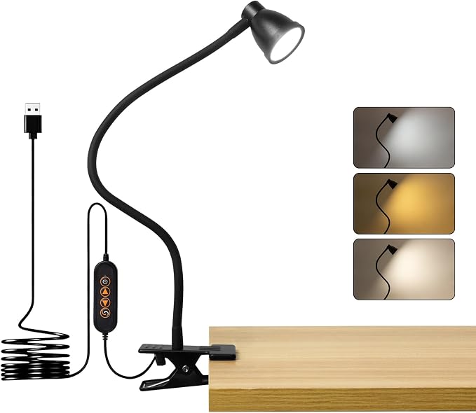 Clip on Desk Lamp, dimmable Reading Light for Bed headboard with 3 Color Modes & 10 Brightness Levels, Flexible Gooseneck Clamp Light for Bedroom Headboard, Desk, Workshop (Black)
