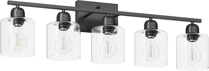 Modern 5 Light Bathroom Vanity Light, 31 inch Black Bathroom Lights Fixtures, Vanity Lights with Clear Glass for Mirror Kitchen Living Room Hallway Cabinet Porch