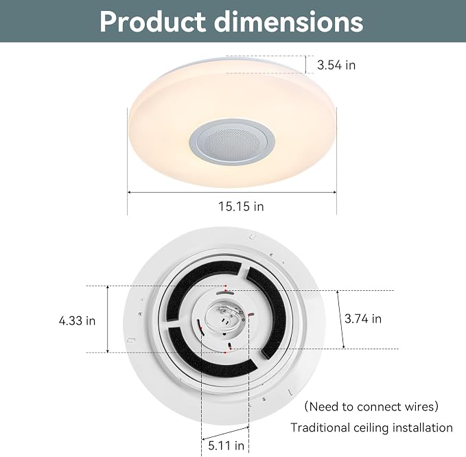 LED Ceiling Light Fixture,with Bluetooth Speaker,15.15 Inch 40W, 2700K-6500K Dimmable Music Lamp,RGB Color Changing Light with Remote Control,for bedrooms, Living Rooms-ASALL001-40