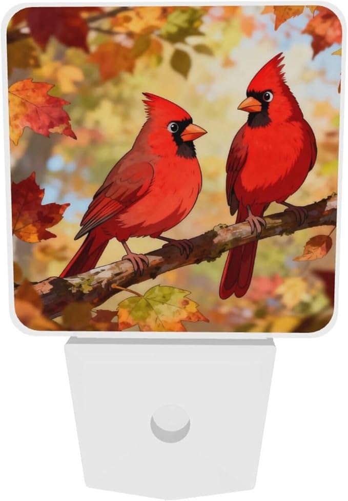 Fall Maple Night Light Set of 2, Red Birds Auto Sensor LED Dusk-to-Dawn Nightlights, Plug-in Sensor Lamp for Bedroom Bathroom Kitchen Hallway Stairs Decorative