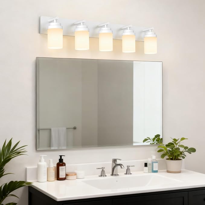 IZORRO Bathroom Vanity Light Fixture, 5-Light 36 Inch White Bathroom Light Fixtures Over Mirror, with White Glass Shade, Modern Farmhouse Vanity Lights, Rustic Restroom Lighting Fixtures