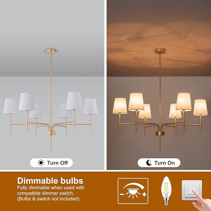 Antique Brass Gold Chandeliers for Dining Room, 6-Light Modern Chandelier Light Fixture over Table, with White Fabric Shade, 34" Large Transitional Kitchen Pendant Lights for Living Room Bedroom Foyer