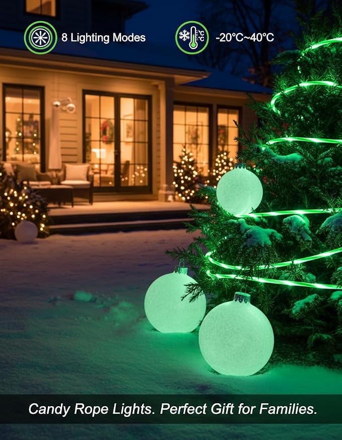 Halloween Candy Cane Lights, Tree Light, 33ft 100 LEDs Solar Rope Lights Outdoor, 8 Lighting Modes Solar Powered String Lights for Christmas Decor, Camping Canopy, Tent Decor, Green White