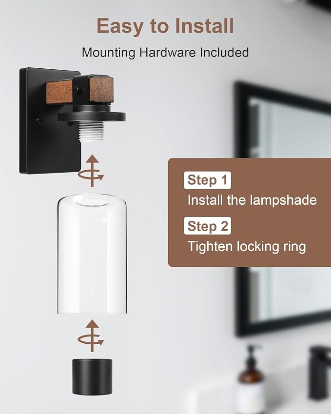 1-Light Wall Sconces Set of 2, Farmhouse Bathroom Vanity Light Fixtures, Wood Grain Black Wall Mount Light with Clear Glass Shade for Living Room Hallway Bedroom, ETL Listed