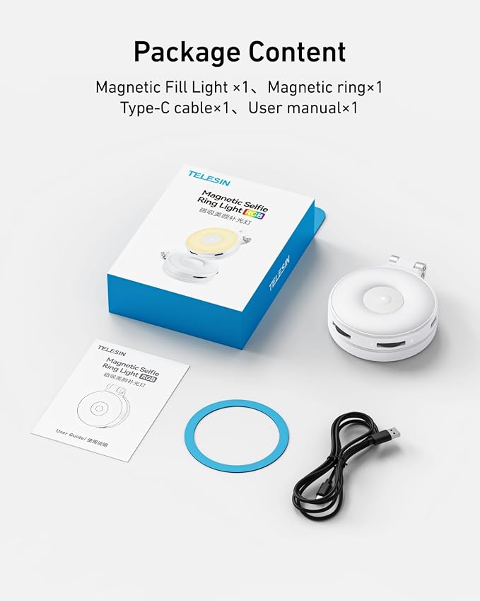 TELESIN Upgraded 4-in-1 Magnetic RGB Selfie Ring Light with Mirror & Phone Stand, Rechargeable Portable Clip On Fill Light for iPhone Samsung TikTok, Vlogging, Makeup, Photography, Streaming (White)