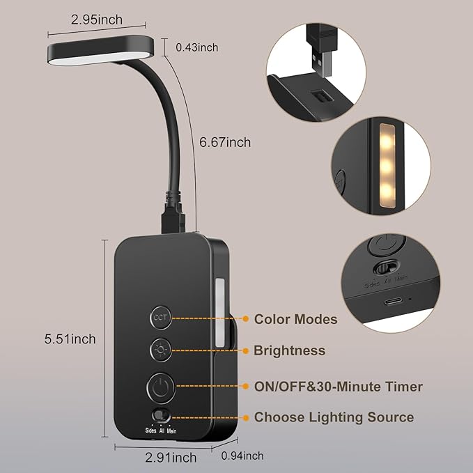 Ellasay Wall Mounted Reading Light: Dimmable LED Night Lights with Timer & Memory - Adjustable Gooseneck USB Powered - Easy Install for Kids Bedroom/Dorm Room/RV 2 Pack (Black)