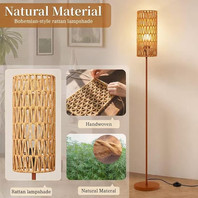 Ruiever Floor Lamp for Living Room,Farmhouse Floor lamp,Modern Standing lamp with Hand-Worked Rattan Shade (Brown Body with 3 Color Bulb)