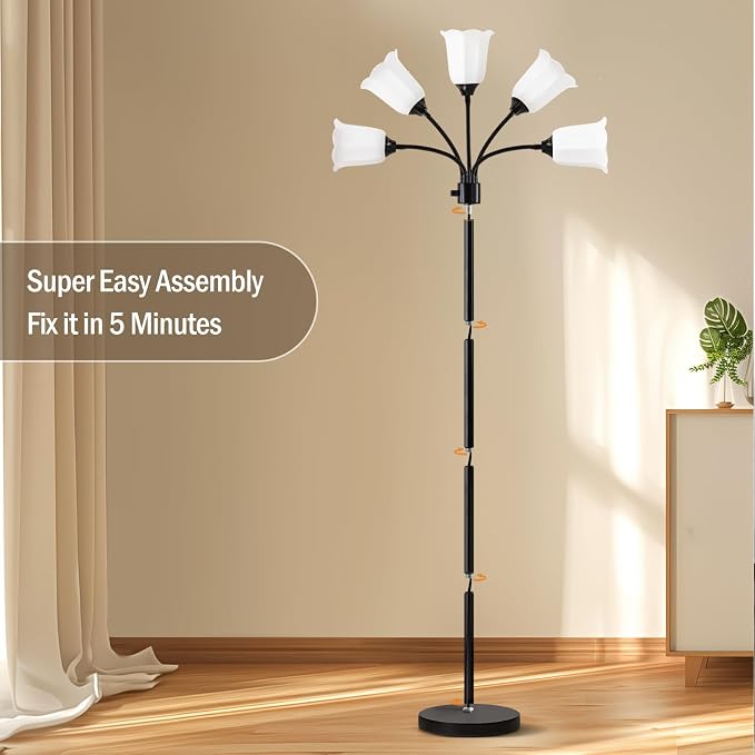 Medusa LED Floor Lamp, Multi Head Modern Tall Lamp with Adjustable Gooseneck Standing Lamps for Living Room Bedroom Kids Room Office 5 White Lampshades Bulb Not Included(Black)