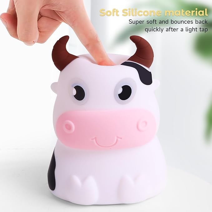 AVEKI Night Light for Kids, Portable Tap Control Rechargeable Nightlight Lamp, Color Changing, Remote Control Silicone Cute Animal Cow Night Lamp Bedroom Decor for Infant or Toddler (Cows-Remote)