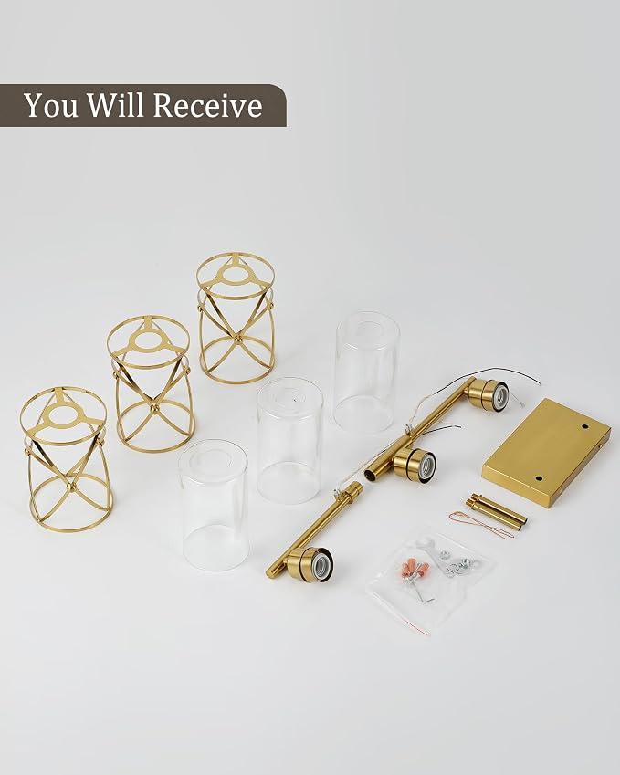 3-Light Brushed Gold Bathroom Light Fixtures, 21 Inch Modern Bathroom Vanity Lighting Fixtures Over Mirror with Clear Glass and Metal Cage Wall Sconce Lights for Bath, E26, CH9176BG-3W