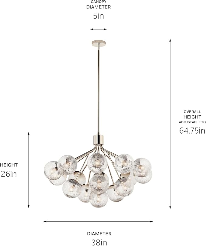 Kichler Silvarious 16-Light Convertible Chandelier, Soft Modern Light with Clear Crackled Glass in Polished Nickel, for Dining Room, Living Room or Foyer (26" x 38"), 52702PN