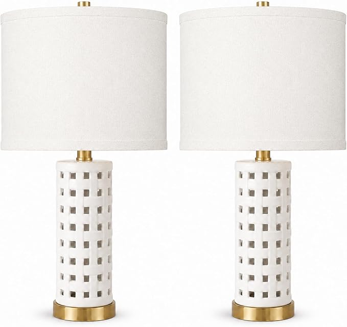 Alethiea 21" Ceramic Table Lamp with Dual Lighting, Hollow Square Base with Built-in Ambient Light, Farmhouse Bedside Nightstand Lamp with Fabric Shade for Bedroom Living Room