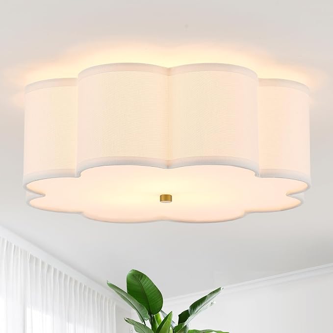 17.72" Gold Drum Ceiling Light, 3-Light Semi-Flush Mount | Linen Drum Shade, Gold Metal Frame, Modern Design for Laundry Rooms, Kitchens, Basements, and Bedrooms; E26 Base