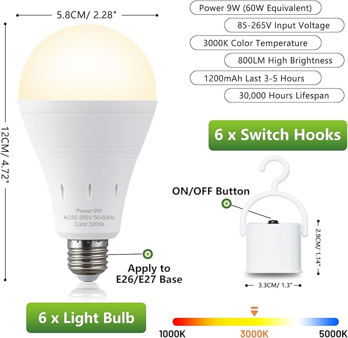 DEBAOBULB 20 Pack Rechargeable Emergency Light Bulbs, Battery Powered LED Light Bulb 3000K Warm E26 120 Volt 9W 60W Equivalent with 1200mAh for Home Power Outage Camping Hurricane