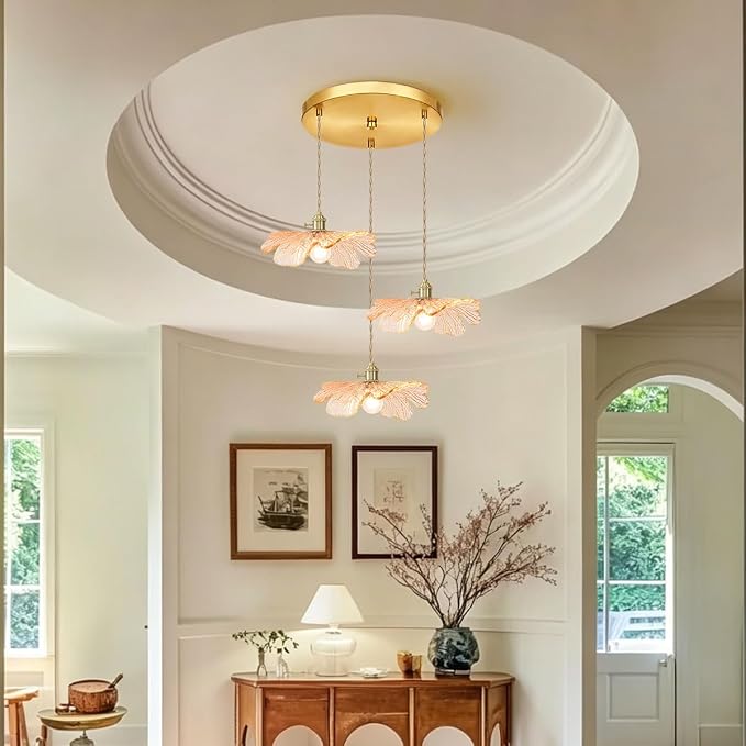 Amber Glass Pendant Chandelier, 3-Light Gold Brass Modern Light Fixture for Kitchen Island, Dining Table, Hallway & Entryway