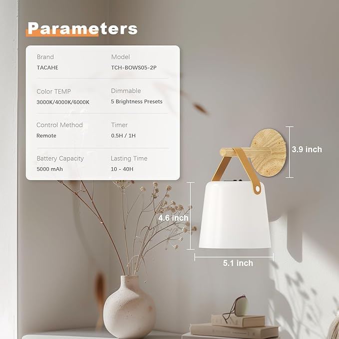 TACAHE Rechargeable Wall Sconce - Plastic Frosted Lampshade - 3 Color Temp & 5 Brightness - Remote Control - 5000 mAh Battery Operated - Cordless Wall Lamp for Camper, RV - Set of 2 (Wood Color)