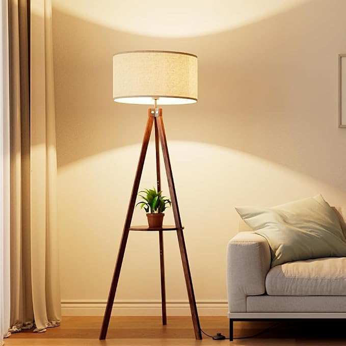 LEPOWER Shelf Floor Lamp Tripod Mid Century Modern Lamps for Living Room | Light-Diffusing Linen Shade, Premium Rubberwood, E26 Base, Foot Switch, Adding Warmth to Bedroom, Office & Study Corner Brown