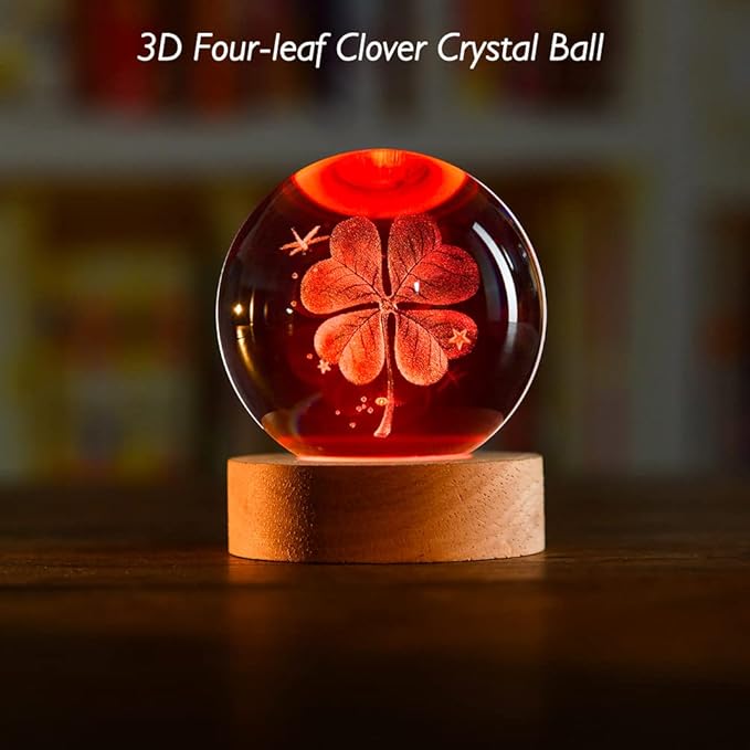 IFOLAINA 3D Four-Leaf Clover Crystal Ball 60mm Good Luck Gifts Ideas with Multicolor Lighting Base St Patricks Day Gifts for Women Men Decorative Globes Room Decor