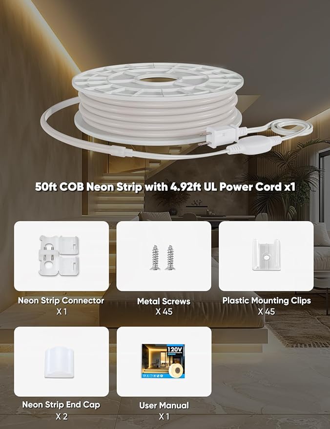 COB Led Neon Rope Lights 50ft 2800K Warm White, 110-120V Outdoor Waterproof Lighting Strip 600lm/m Super Bright, Cuttable and Adhesive, for Roof Bedroom Garden Commercial