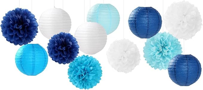 Blue-White Birthday Party-Decorations Paper-Flowers Lanterns - 15PCS Light Royal Tissue Pom Poms Streamers,Classroom Ocean Themed Baby Bridal Shower Bachelorette Wedding Hanging Supplies Decor Hugfond