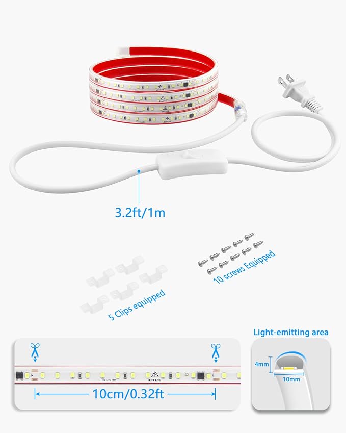 AC 120V LED Strip Light 72in Under Cabinet Cold White Self-Adhsive Under Counter Lighting Strips Plug in with Switch Waterproof Flexible Super Bright LED Rope Lights for Bathroom Kitchen 120LED/M 6FT
