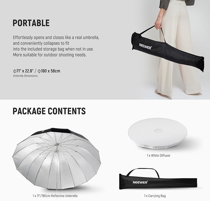 NEEWER 180cm Parabolic Reflective Umbrella Photography with Silver Interior, Soft Lighting with Diffuser Cover, Bag, Quick Folding for Studio Camera Shooting Monolight Flash,NS4U