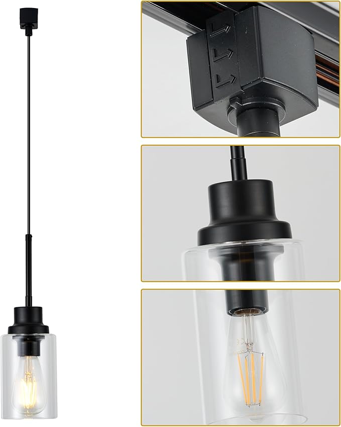 Track Lighting Heads H Type for Accent Task Retail Kitchen Ceiling Track Light H Type Pack of 3, Black Track Lighting Heads with Clear Glass Shade, Bulb and Track Not Included