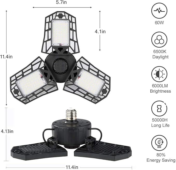 Deformable LED Garage Light - 6000 Lumen 6500K Daylight 60W, Three Leaf Garage Organization Ceiling Lighting