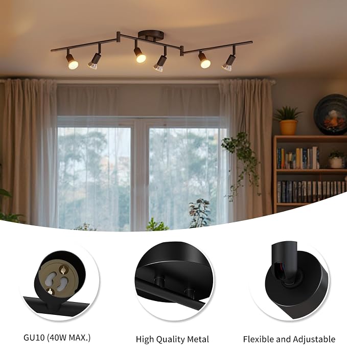 LVWIT 6-Light LED Ceiling Track Lighting Fixtures, Flexibly Rotatable Light Heads, Modern Ceiling Spot Lights for Kitchen, Living Room, Bedroom, Black(GU10 Socket, Bulbs Not Included)