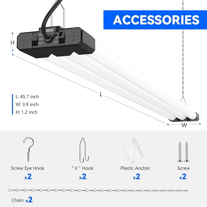 JESLED LED Shop Lights 4FT 7500LM, 3CCT & 3 Wattage Adjustable, ETL | 3CCT 4000K, 5000K & 6500K, 30W/40W/50W Selectable, Linkable for Garages & Workshops, Ceiling or Hanging Mount, 2 Pack