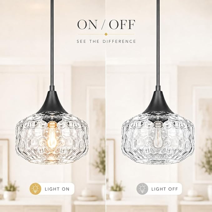 DSMJFU Black Pendant Lights Kitchen Island with Hammered Glass Over Table | 2-in-1 pendant & ceiling light; height adjustable; 90° rotation; adaptable different ceiling types;above kitchen sink light
