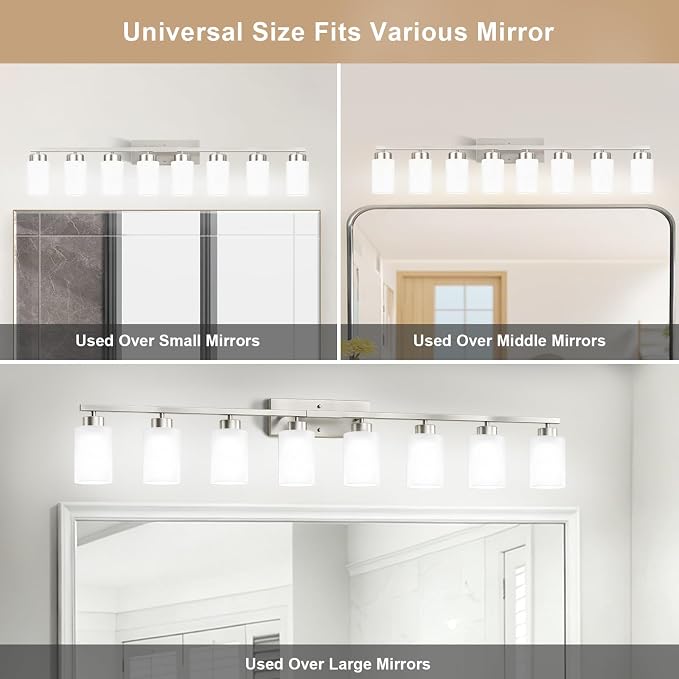 IZORRO Modern Bathroom Light Fixtures, 8 Light Brushed Nickel Vanity Lights, Bathroom Lighting Fixtures Over Mirror with White Glass for Living Room Cabinet Bedroom