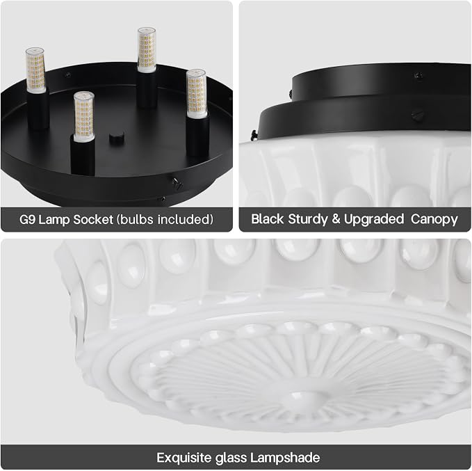 White Milk Glass Ceiling Light Fixture, 13.8'' Flush Mount Lighting for Bedroom, Hallway, Kitchen & Dining Room, Vintage Mid Century Design, 4 LED Bulbs Included, Ideal for Modern Farmhouse