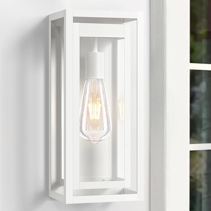 15" Large Outdoor Light Fixture Wall Mount, White Outdoor Sconce Lights, Modern Waterproof Exterior Porch Lights with Clear Glass Shade for Front Door, Garage, 1 Pack