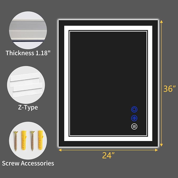 36"x24" LED Bathroom Mirror with Lights,Anti-Fog,3 Color Modes