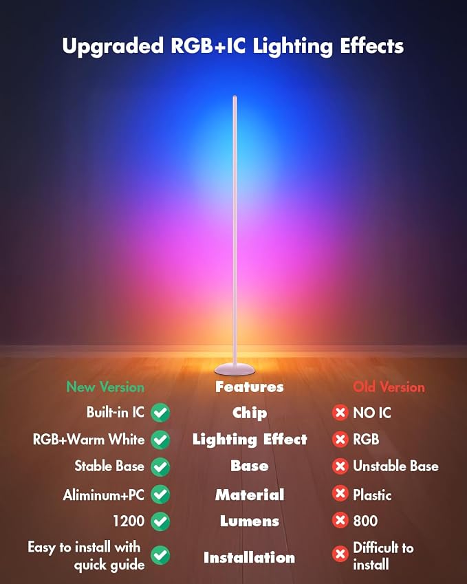 LED Corner Lamp, Smart RGB Floor Lamp for Living Room, Bedroom | 1200LM Dimmable with 16 Million Color Changing, Music Sync, APP & Remote Control, Standing LED Light for Gaming Room - Silver