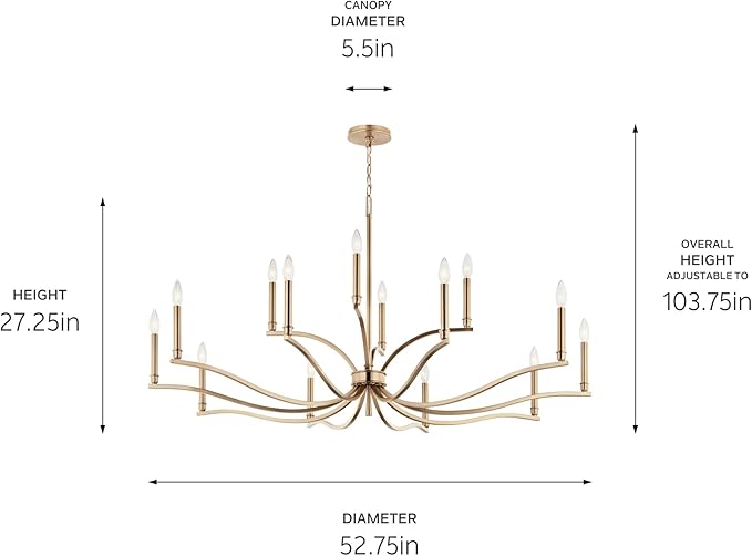 Kichler Malene 14-Light 2-Tier Chandelier, Updated Traditional Light in Champagne Bronze, Sloped Ceiling Compatible, for Foyer, Dining Room or Living Room (27.25" x 52.75"), 52698CPZ