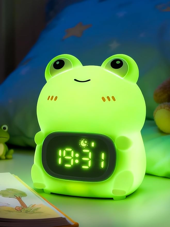 Frog Alarm Clock with Night Light for Kids, Silicone Cute Toddler Wake Clock, Rechargeable 7 Colors RGB & Warm Light, Sleep Companion for Boys Girls