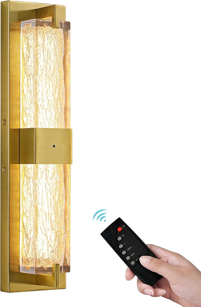 Battery Operated Resin Wall Sconce - Wireless Rechargeable Gold Wall Light Dimmable LED Remote Wall Sconces Lighting Modern Cordless Brushed Brass Vanity Light Fixture for Living Room Bedroom Bathroom